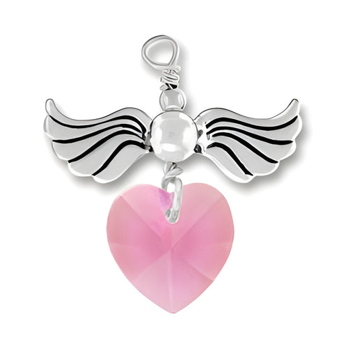 Sterling Silver Love Taking Flight charm featuring wings and a rose crystal heart.