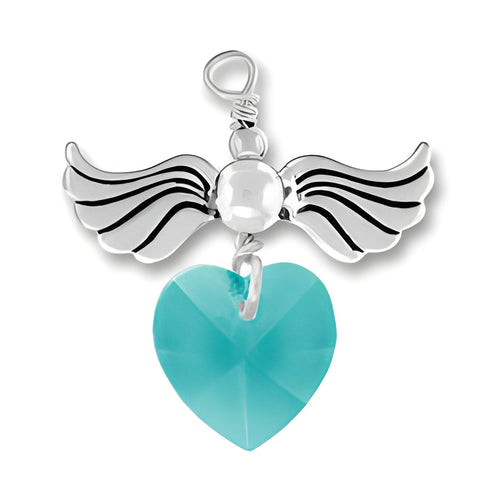 Sterling Silver Love Taking Flight charm featuring wings and a turquoise crystal heart (Zircon DEC variant).