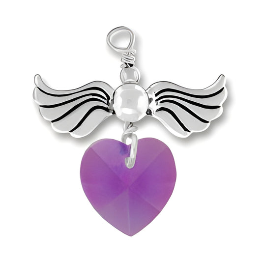 Sterling Silver Love Taking Flight charm featuring wings and an Amethyst crystal heart.