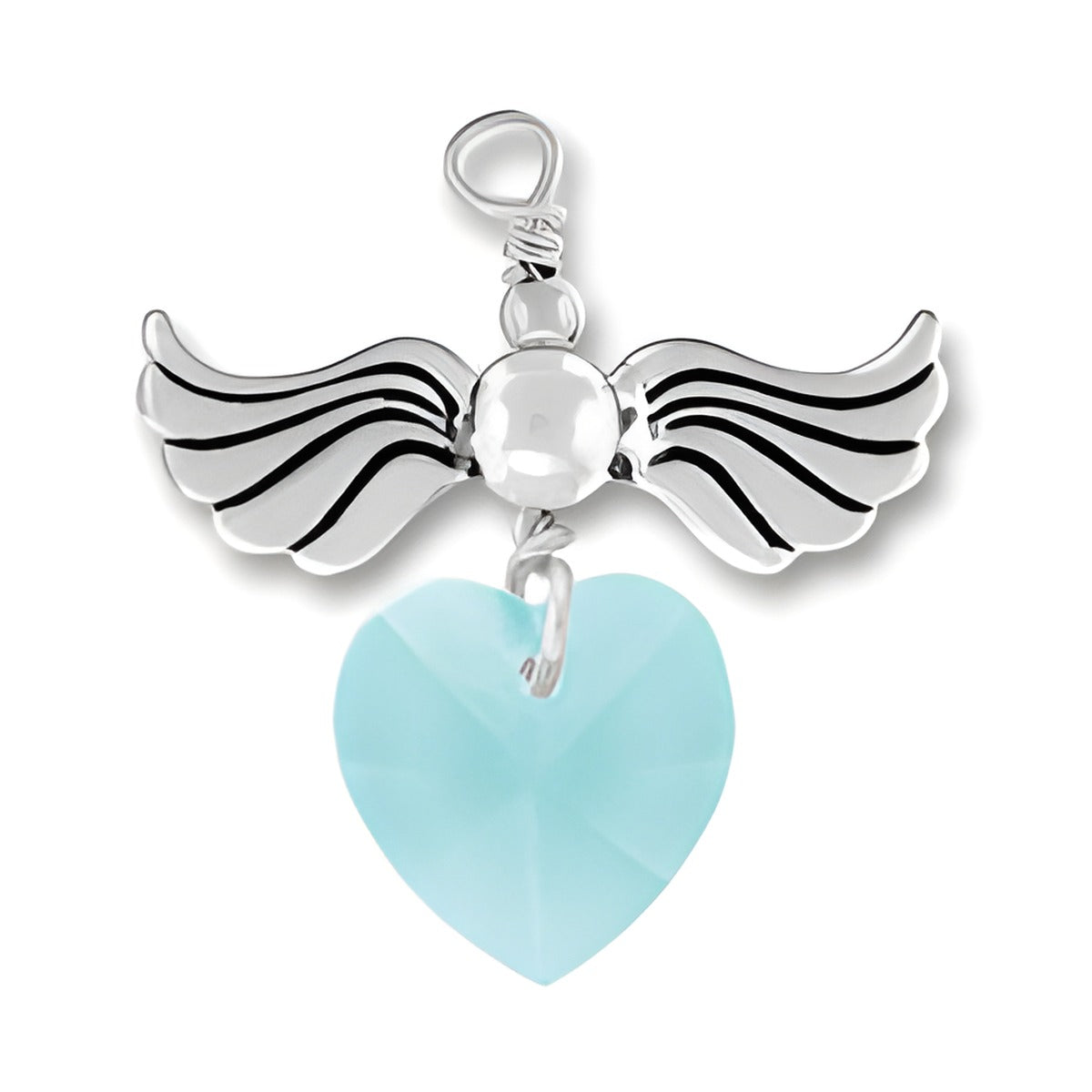 Sterling Silver Love Taking Flight charm featuring wings and an aquamarine crystal heart.