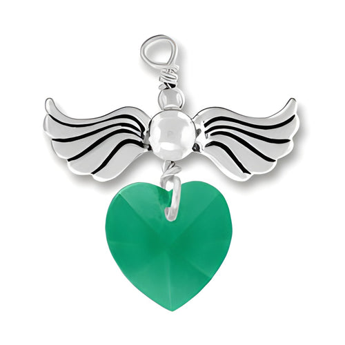 Sterling Silver Love Taking Flight charm featuring wings and an emerald crystal heart.