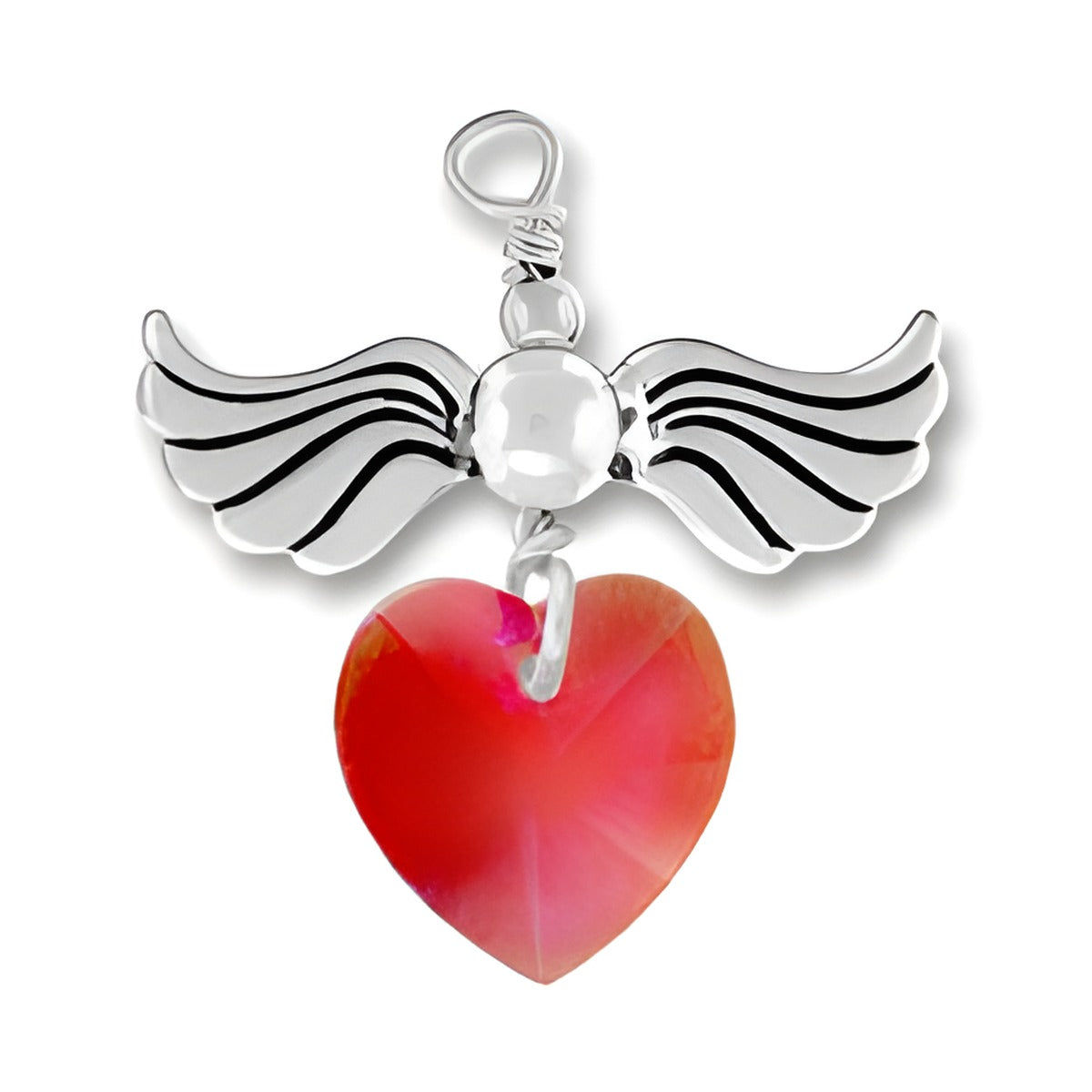 Sterling Silver Love Taking Flight charm featuring a crystal heart in Siam color, with detailed wing design.