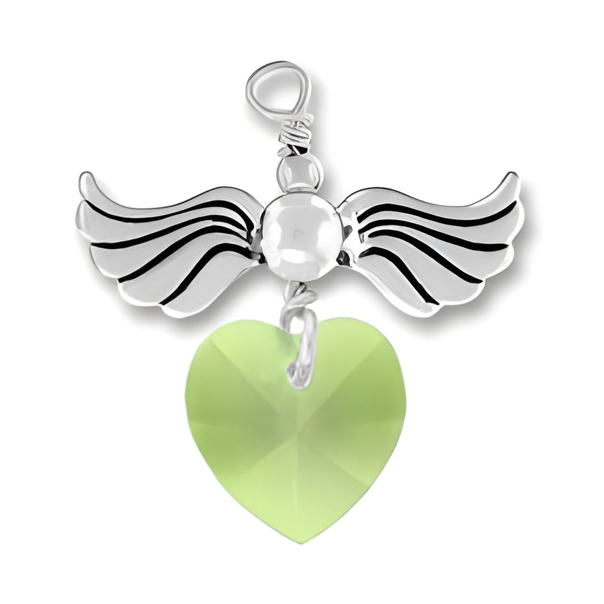 Sterling Silver Love Taking Flight charm featuring wings and a Peridot crystal heart.