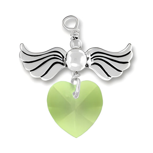 Sterling Silver Love Taking Flight charm featuring wings and a Peridot crystal heart.