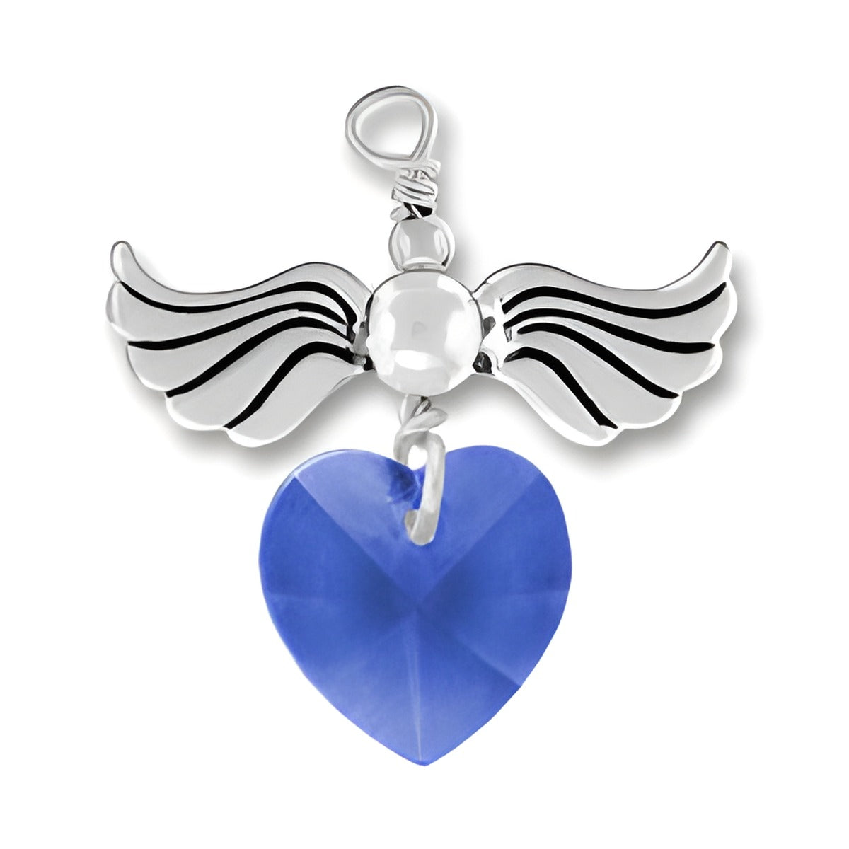 Sterling Silver Love Taking Flight charm featuring wings and a sapphire crystal heart.