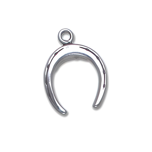 Sterling Silver Lucky Horseshoe Charm, shaped like a horseshoe with a polished finish, featuring a loop for attachment.