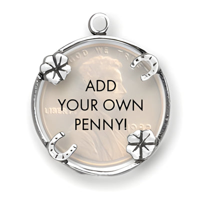 Sterling Silver Lucky Penny Holder Charm featuring a clear holder for a penny, adorned with horseshoe and clover designs.