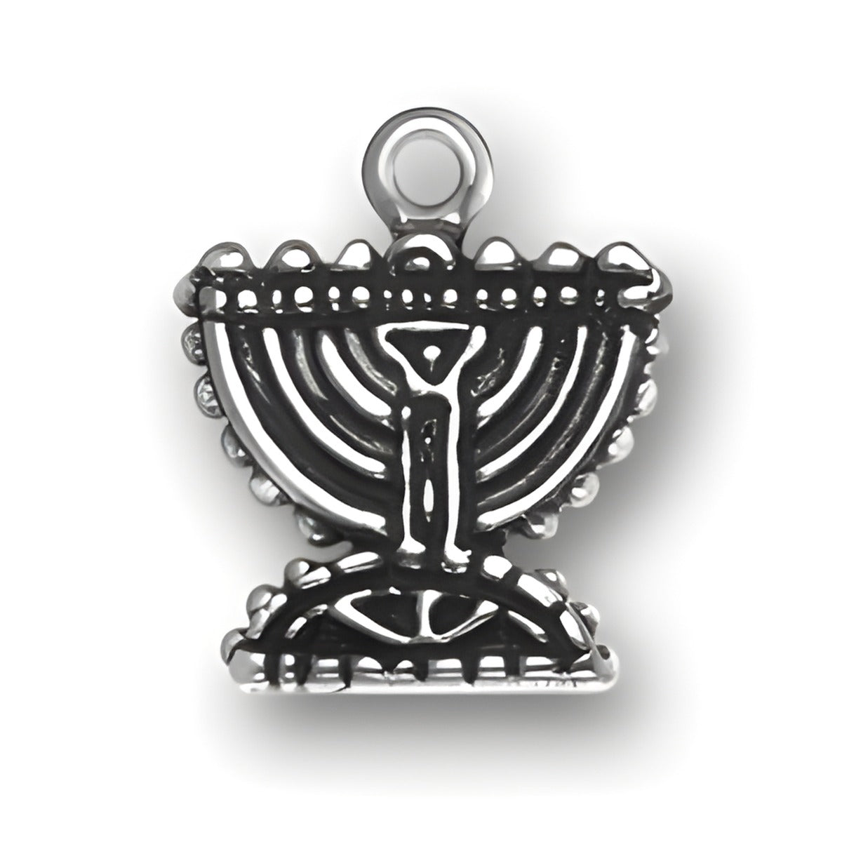Charm Factory Sterling Silver Menorah Charm featuring intricate detailing and a loop for attachment.