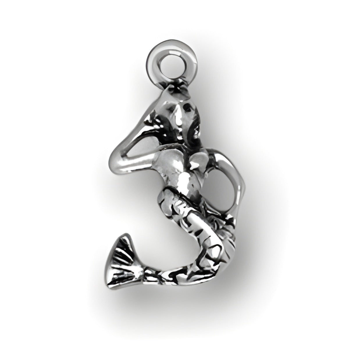 Sterling Silver Mermaid Charm featuring a detailed mermaid design with a curled tail and raised arms.