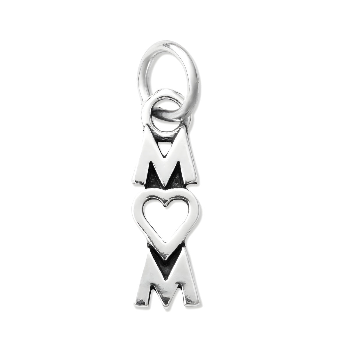 Mom Heart Charm in sterling silver featuring the letters M, heart shape, and M, symbolizing love for mothers.-7