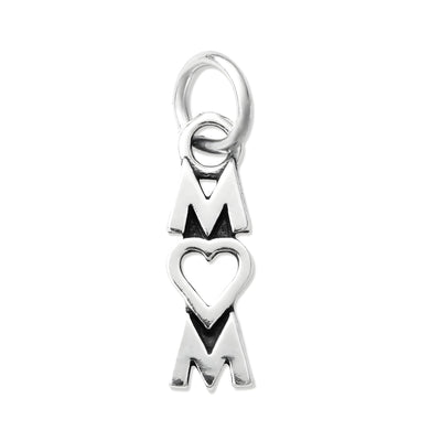 Mom Heart Charm in sterling silver featuring the letters M, heart shape, and M, symbolizing love for mothers.