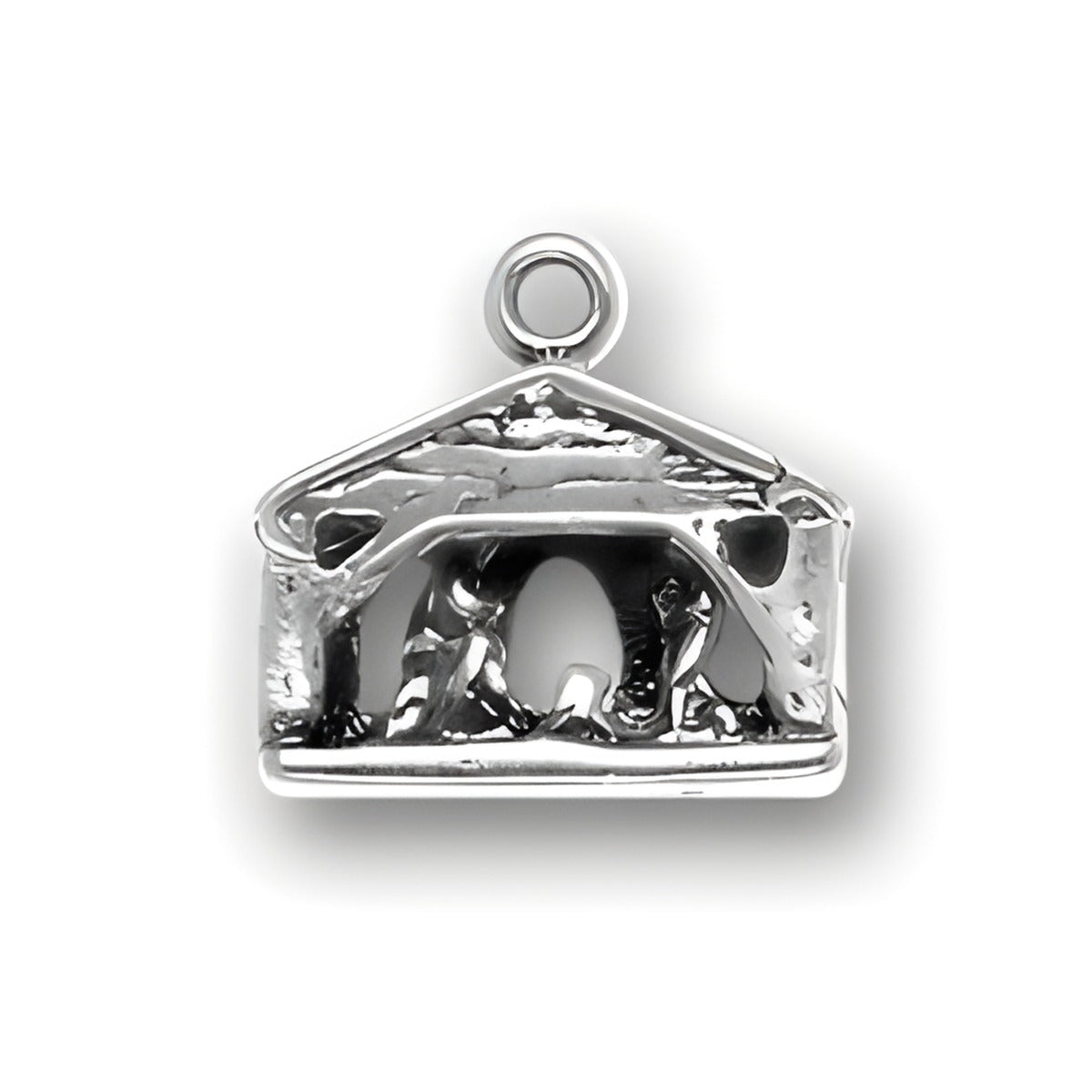Sterling Silver Nativity Charm featuring a detailed depiction of the nativity scene within a stable.