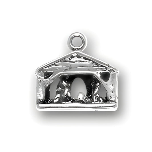 Sterling Silver Nativity Charm featuring a detailed nativity scene with a stable and figures inside.