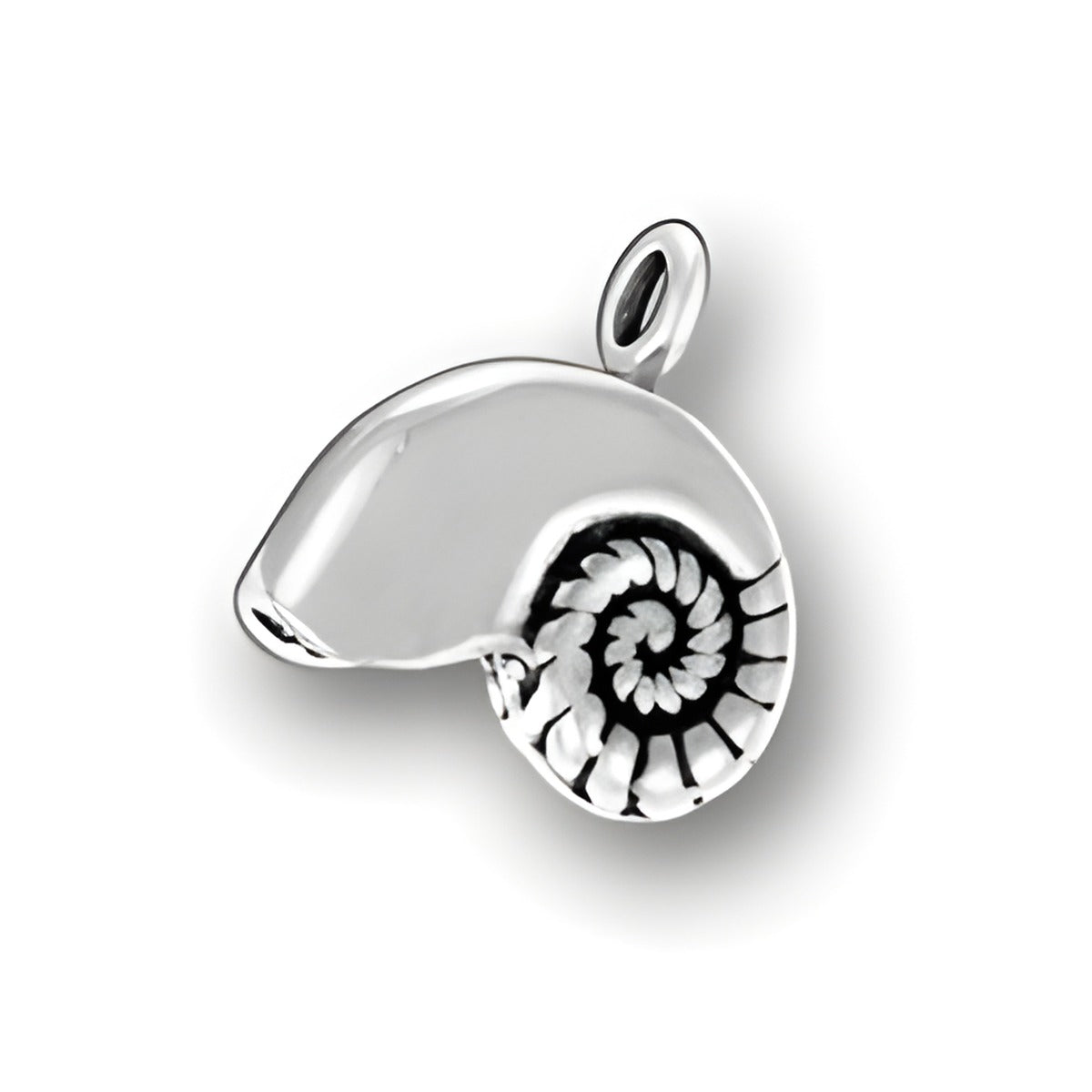 Sterling Silver Nautilus Shell Charm featuring a polished exterior and detailed spiral design.