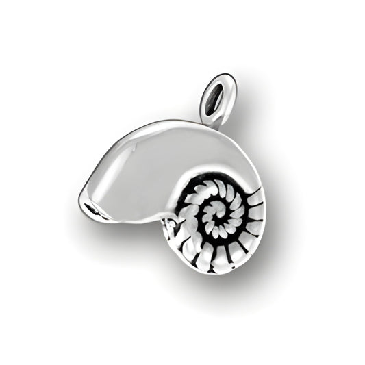 Sterling Silver Nautilus Shell Charm featuring a polished exterior and detailed spiral design.