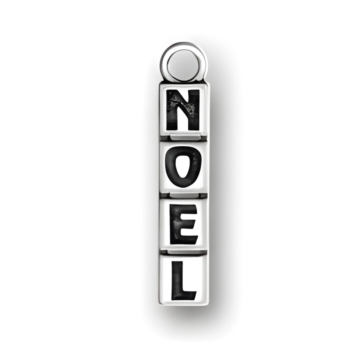 Sterling Silver Noel Charm featuring block letters spelling 'NOEL' in black enamel on a silver background.