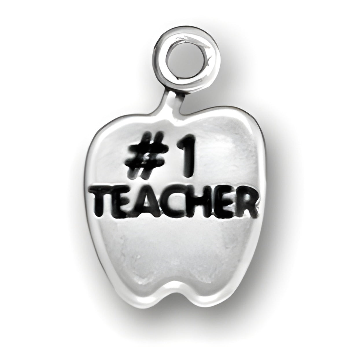Sterling Silver Number One Teacher Apple Charm featuring an apple shape with '#1 TEACHER' engraved.