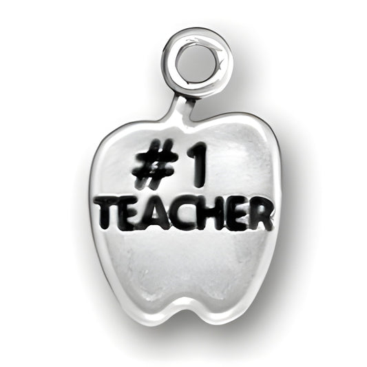 Sterling Silver Number One Teacher Apple Charm featuring an apple shape with '#1 TEACHER' engraved.