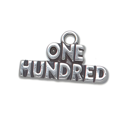 Sterling Silver One Hundred Charm featuring bold, stylized lettering with a loop for attachment.