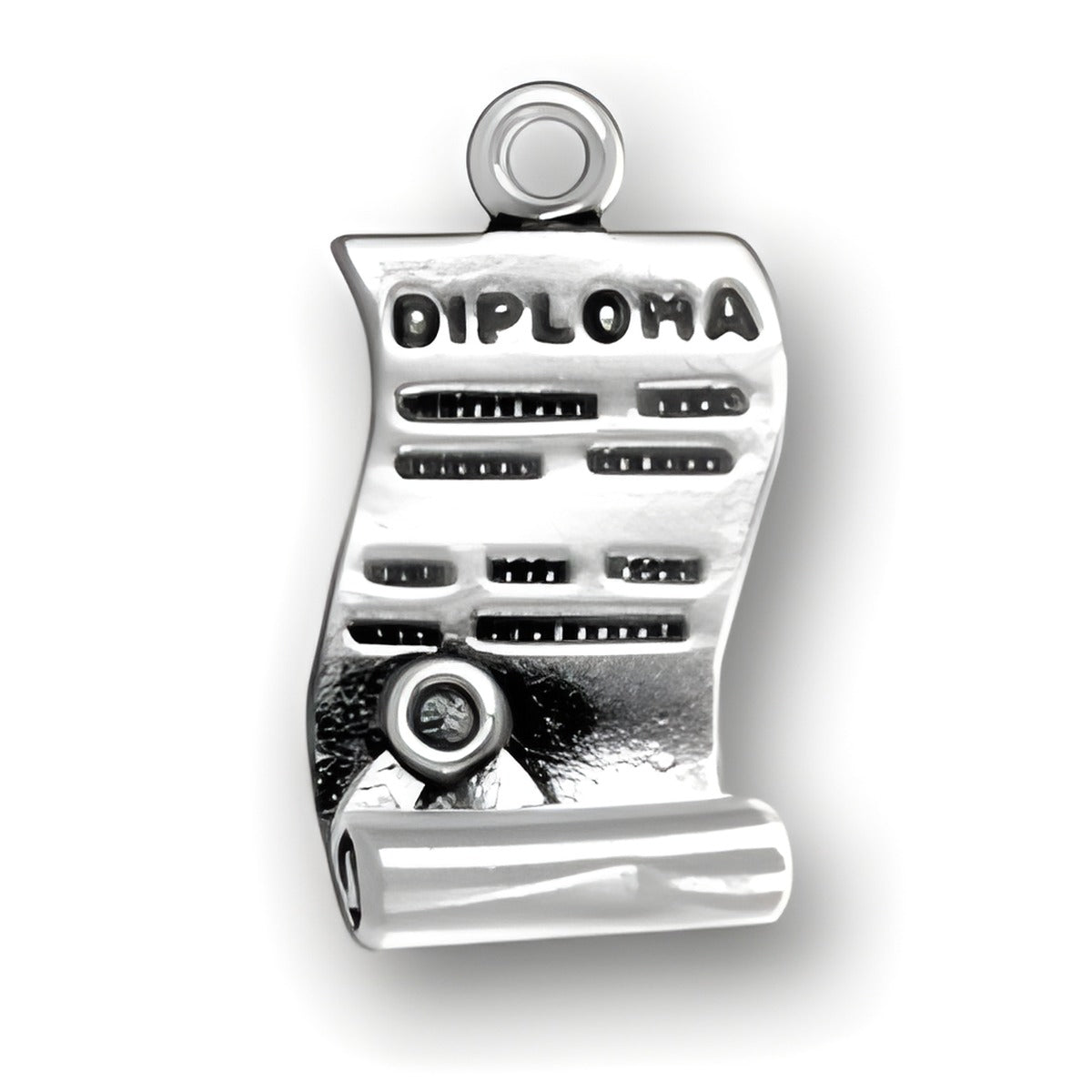 Charm Factory Sterling Silver Open Diploma Charm featuring a rolled diploma design with the word 'DIPLOMA' engraved.