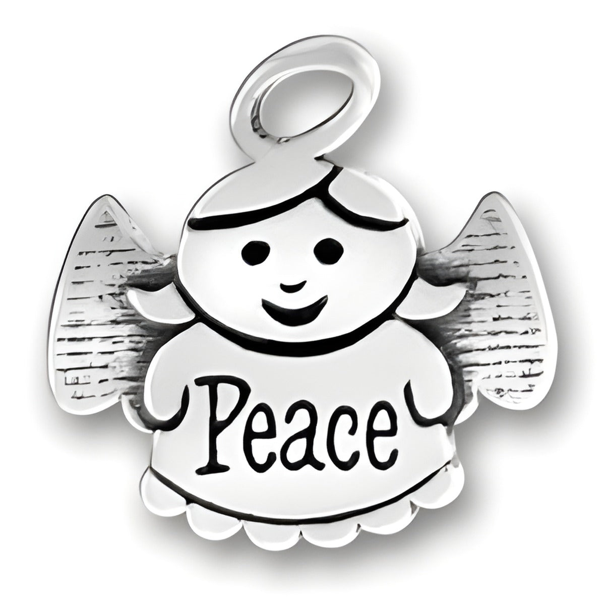 Sterling Silver Peace Angel Charm featuring a smiling angel with the word 'Peace' on its dress.
