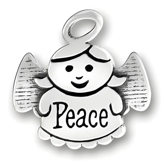 Sterling Silver Peace Angel Charm featuring a smiling angel with the word 'Peace' on its dress.