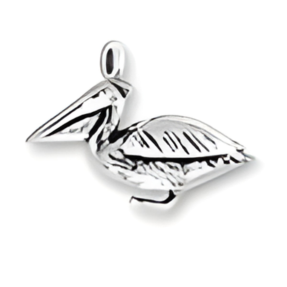 Sterling Silver Pelican Charm featuring detailed engraving and a loop for attachment, showcasing a pelican in profile.