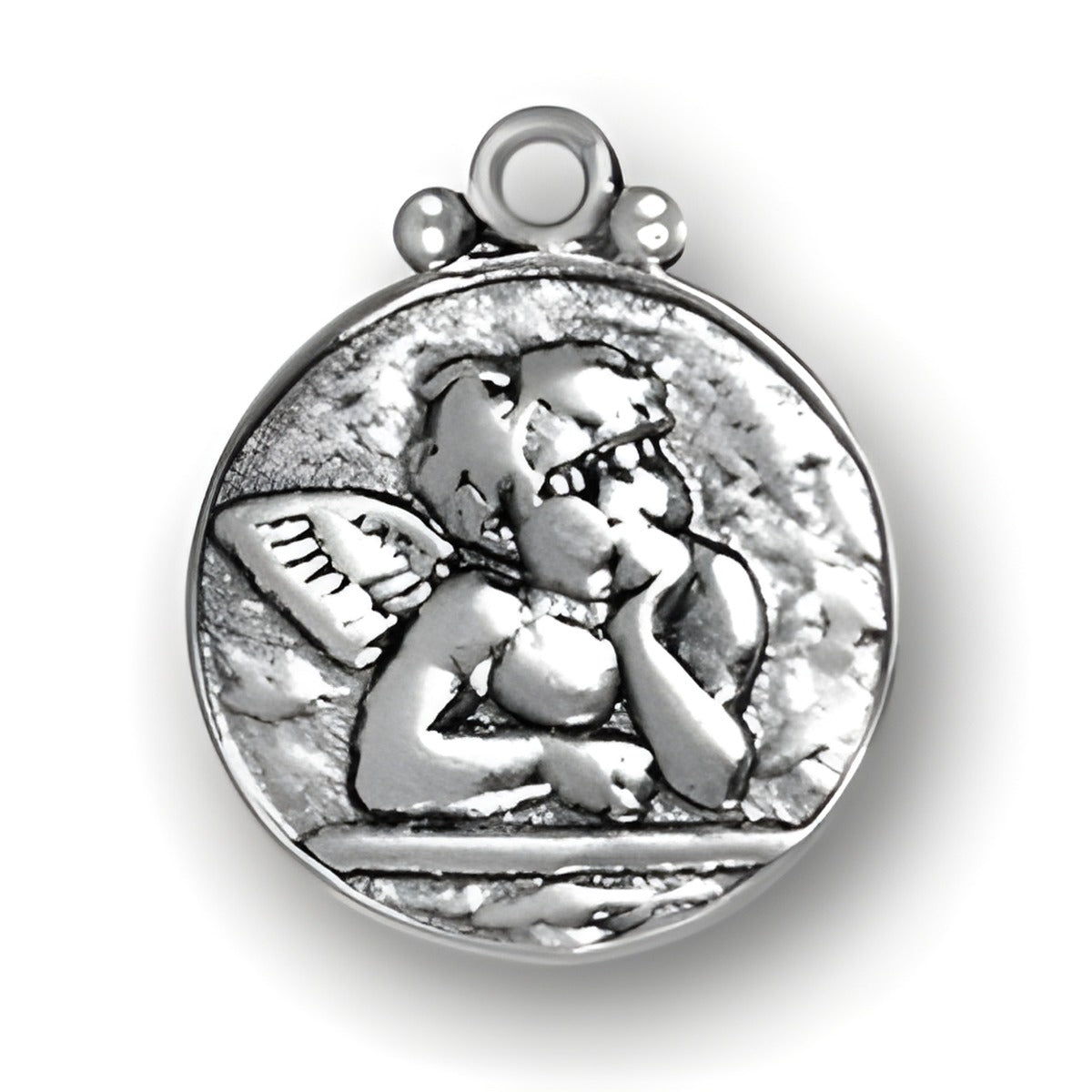 Sterling Silver Raphael's Angel Charm featuring a detailed angel figure with wings, resting chin on hand.