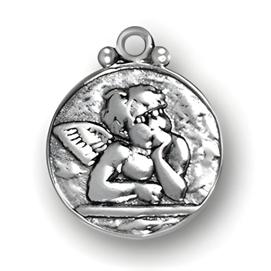 Sterling Silver Raphael's Angel Charm featuring a detailed angel figure with wings, resting its chin on one hand.