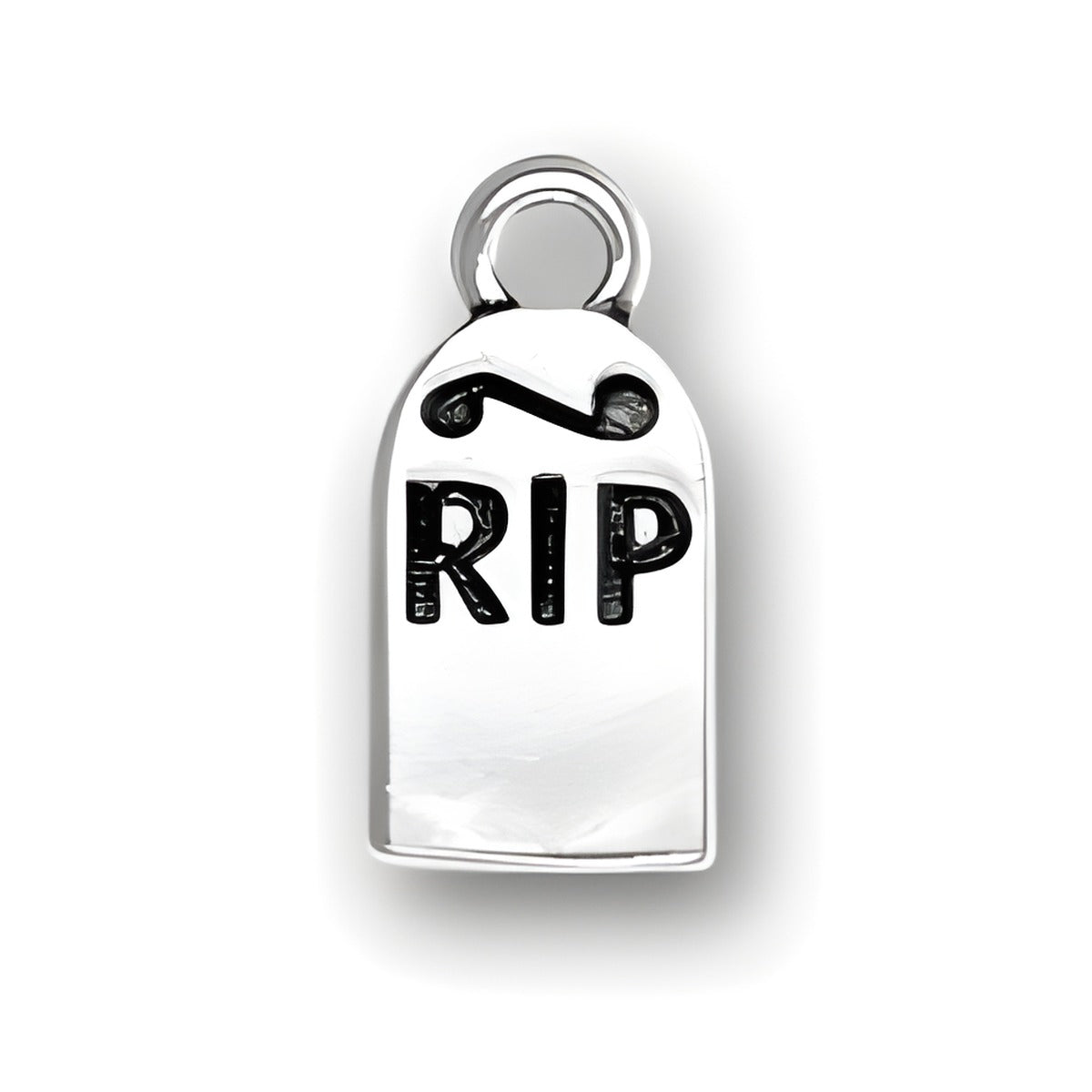 Sterling Silver RIP Headstone Charm featuring a polished surface with engraved 'RIP' text and a loop for attachment.
