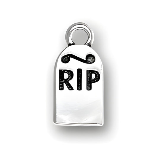 Sterling Silver RIP Headstone Charm featuring a polished surface with engraved 'RIP' text and a loop for attachment.