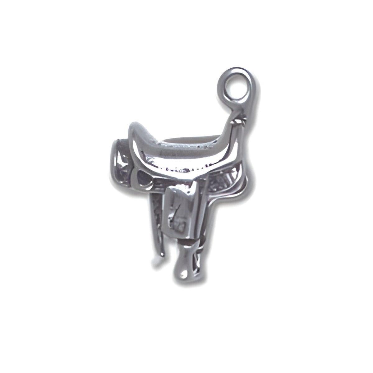 Sterling Silver Saddle Charm featuring detailed saddle design with a loop for attachment. Alt view.