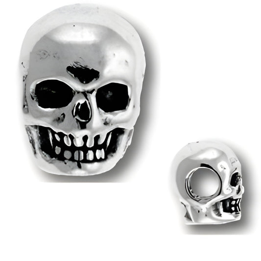 Sterling Silver Skull Bead featuring a detailed skull design with hollow eyes and a grinning mouth, shown from two angles.