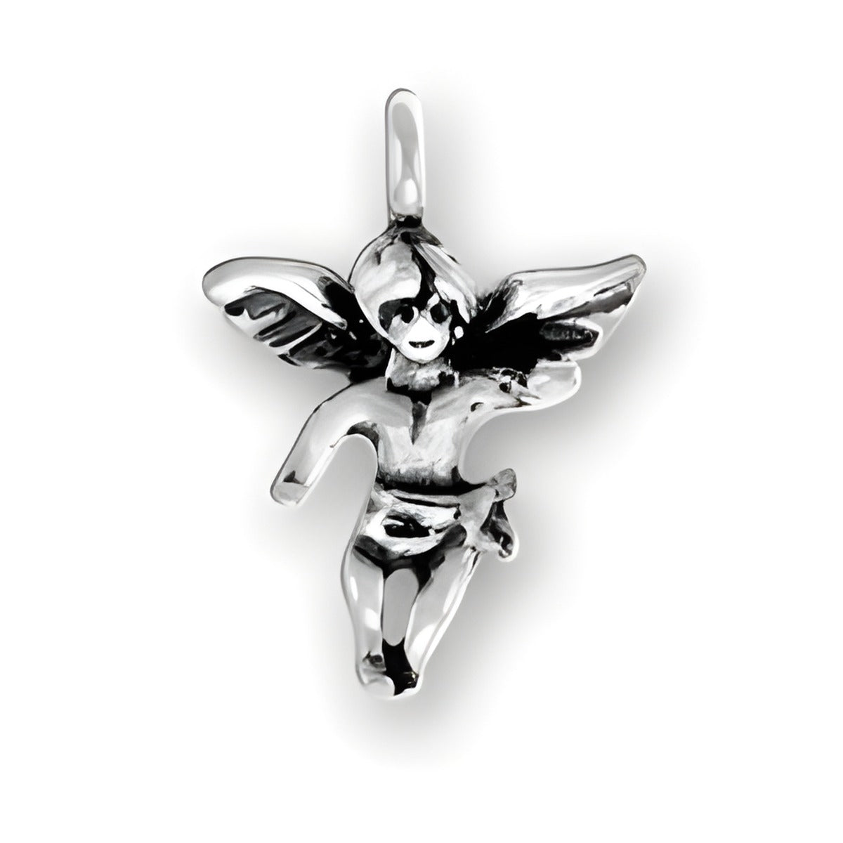 Sterling Silver Small Angel Charm featuring a detailed angel figure with wings and a joyful expression.