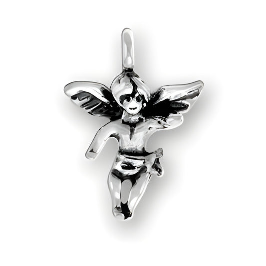 Sterling Silver Small Angel Charm featuring a detailed angel figure with wings and a joyful expression.