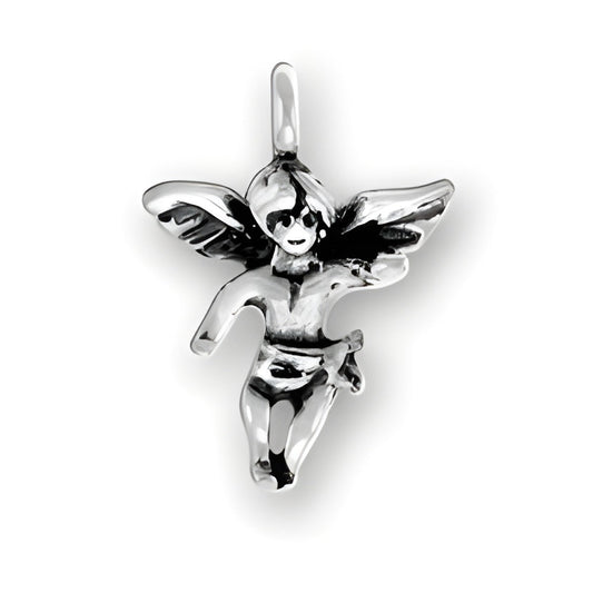 Sterling Silver Small Angel Charm featuring a detailed angel figure with wings and a joyful expression.