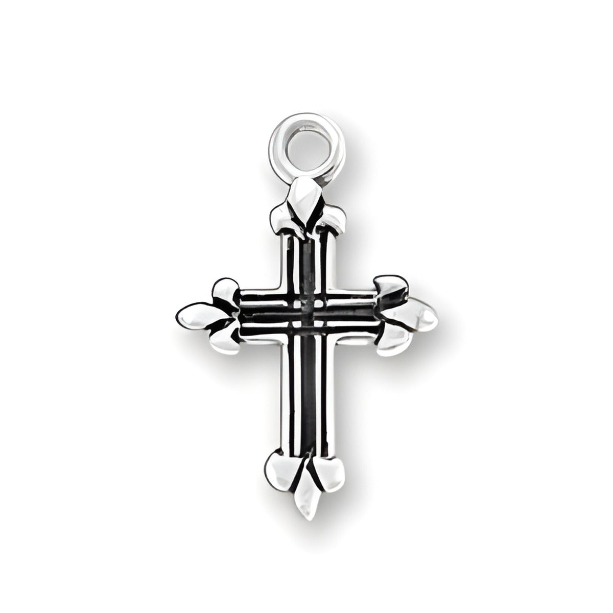 Sterling Silver Small Cross Charm featuring a detailed design with pointed ends and a loop for attachment.