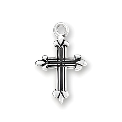 Sterling Silver Small Cross Charm featuring a detailed design with pointed ends and a loop for attachment.