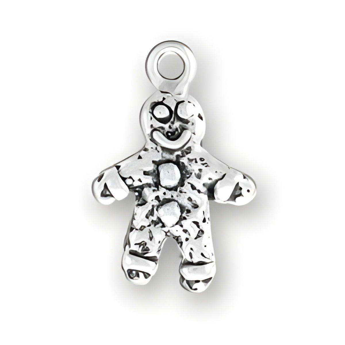 Sterling Silver Small Gingerbread Man Charm, featuring a smiling face and detailed body with a textured finish.