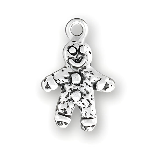Sterling Silver Small Gingerbread Man Charm, featuring a smiling face and detailed body with a textured finish.