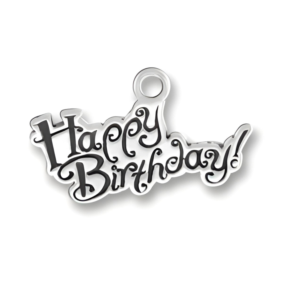 Sterling Silver Small Happy Birthday Charm featuring playful script lettering with a loop for attachment.