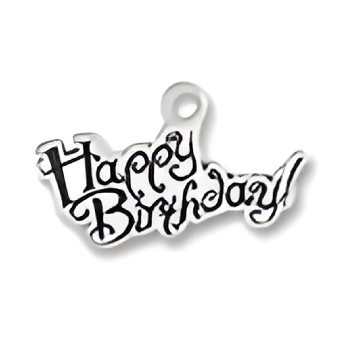 Sterling Silver Small Happy Birthday Charm featuring playful, cursive lettering that reads 'Happy Birthday!'. 