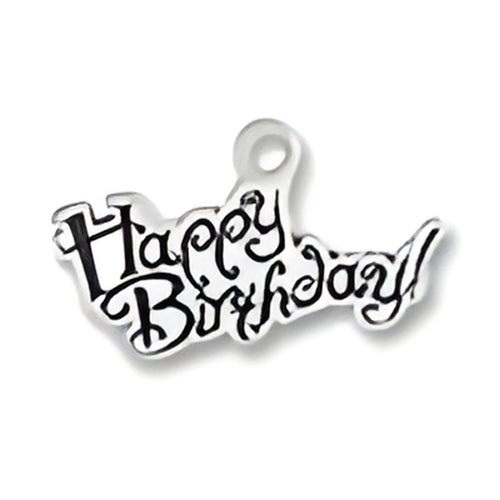 Sterling Silver Small Happy Birthday Charm featuring playful, cursive lettering that reads 'Happy Birthday!'. 
