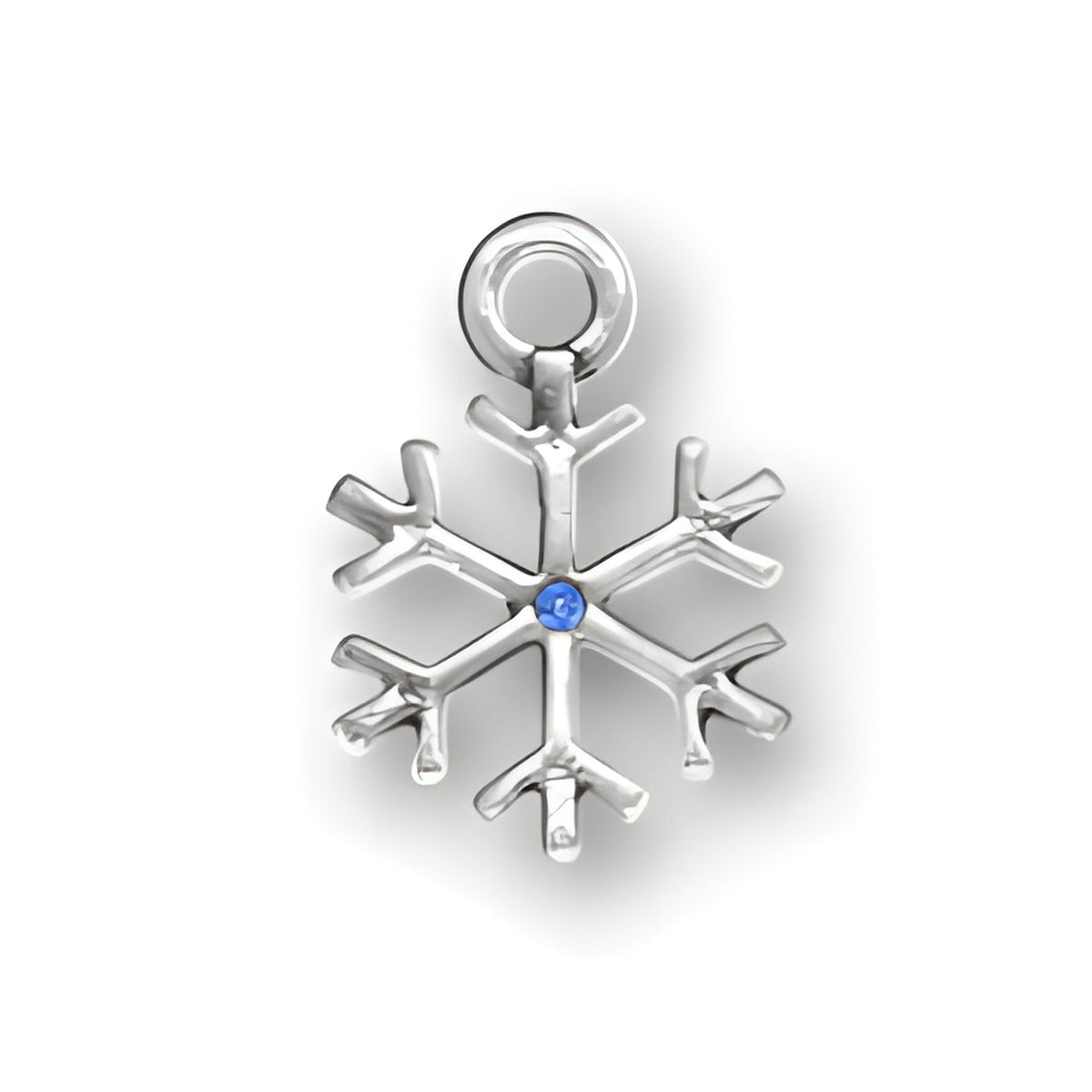 Sterling Silver Snowflake charm featuring intricate details and a blue crystal at the center.