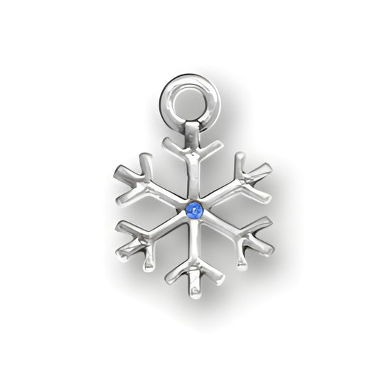 Sterling Silver Snowflake charm featuring intricate details and a blue crystal at the center.