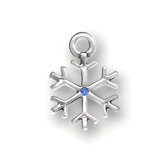 Sterling silver snowflake charm featuring a blue crystal at its center, showcasing intricate snowflake details.
