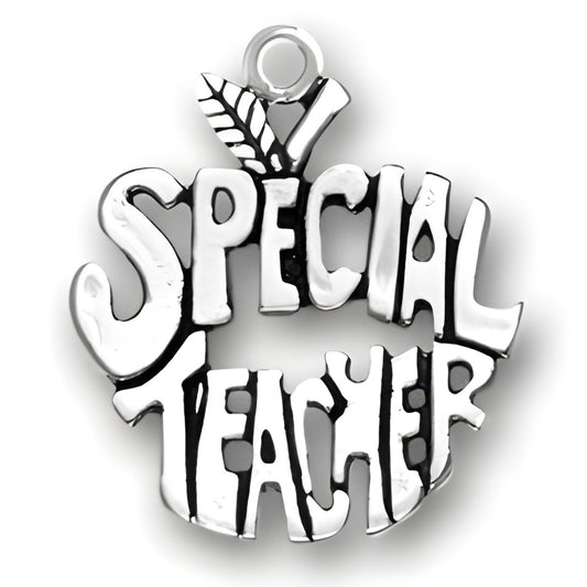 Sterling silver charm shaped like an apple with the words 'SPECIAL TEACHER' prominently displayed.