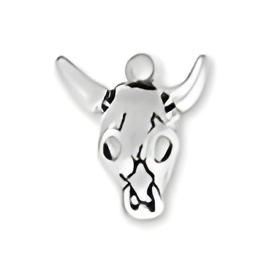 Charm Factory Sterling Silver Steer Skull Charm featuring detailed horns and facial features, polished finish.