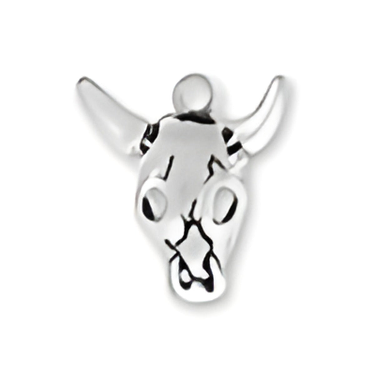 Charm Factory Sterling Silver Steer Skull Charm featuring detailed horns and facial features, polished finish.