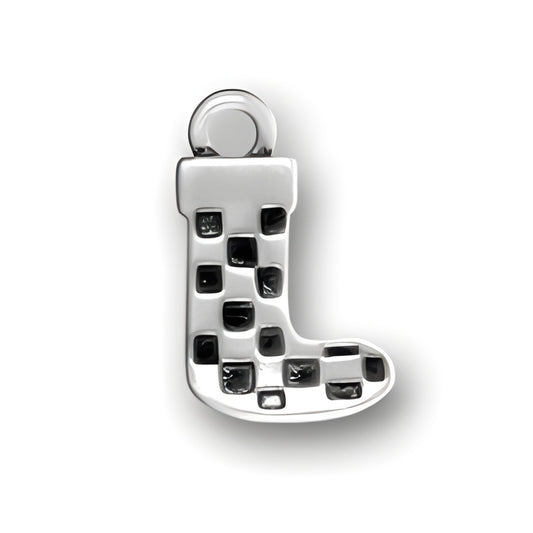 Sterling Silver Stocking Charm featuring a detailed design with a textured surface and a loop for attachment.